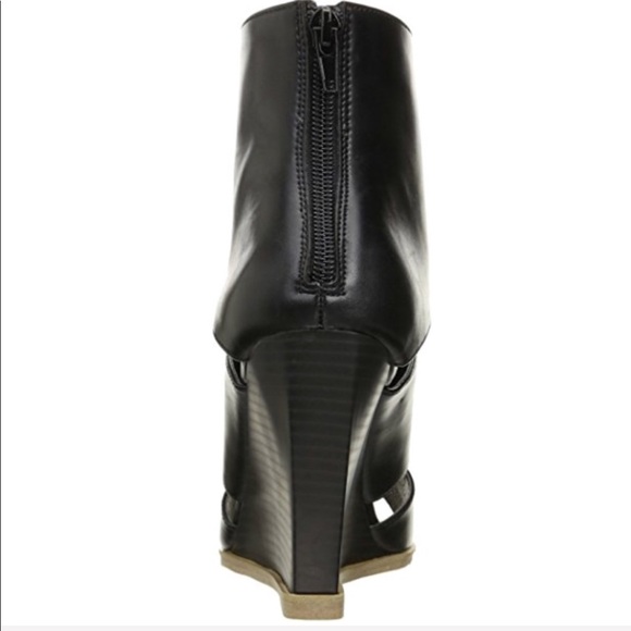 Black Square Peep Toe Caged Cognac Wedge Bootie - Picture 3 of 5